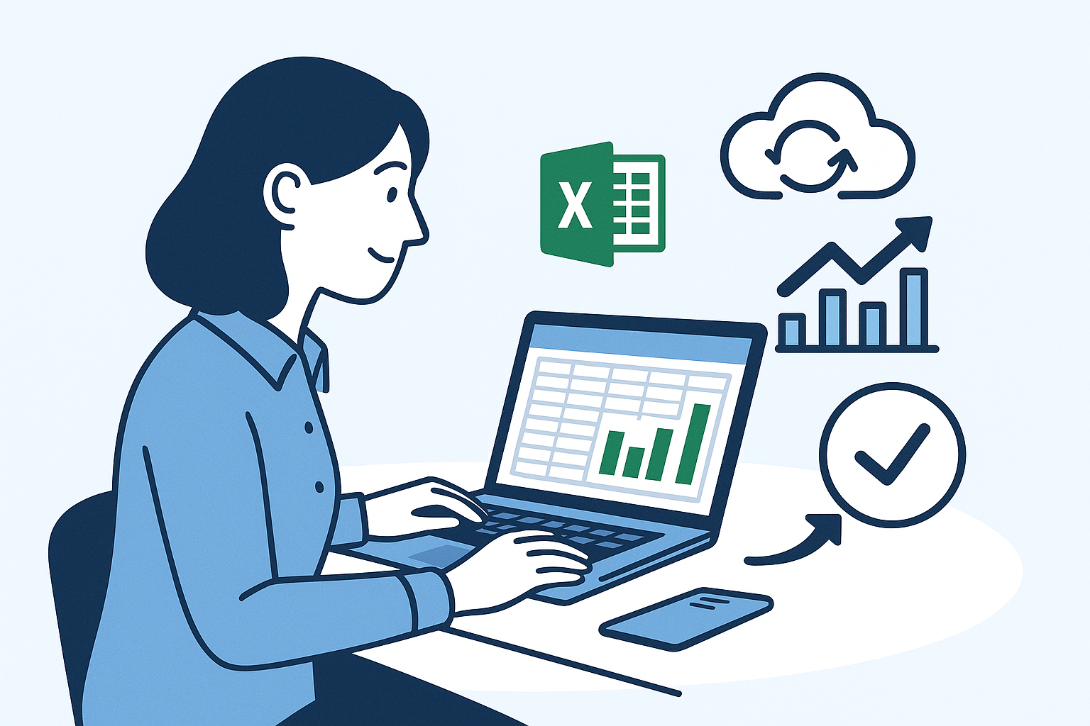 Excelで資金繰り表を管理する経理担当者と、自動化の概念を示すイラスト