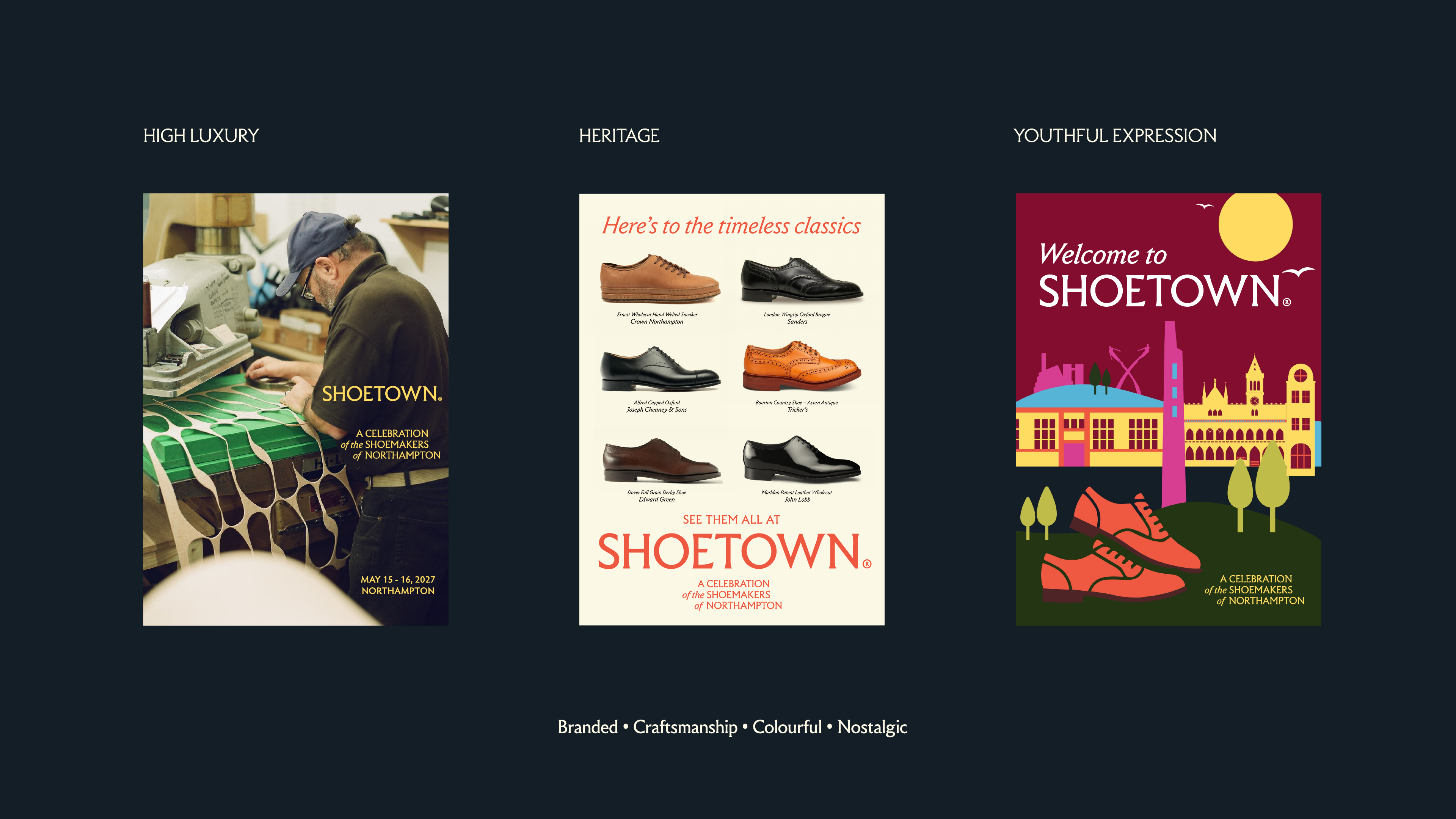 Shoetown concept posters in three styles: high luxury, heritage and youthful expression