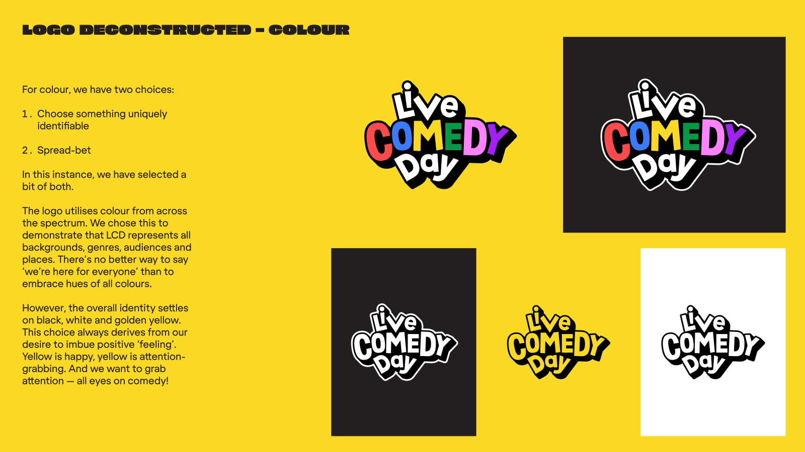 Live Comedy Day logo colourways on yellow, black and white