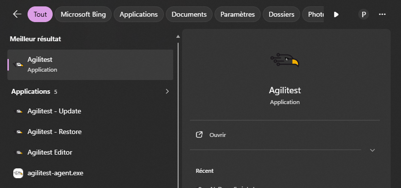 Windows search showing Agilitest entries