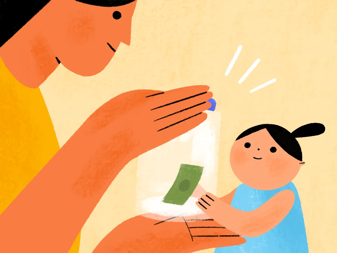 parent handing child a jar with money in it