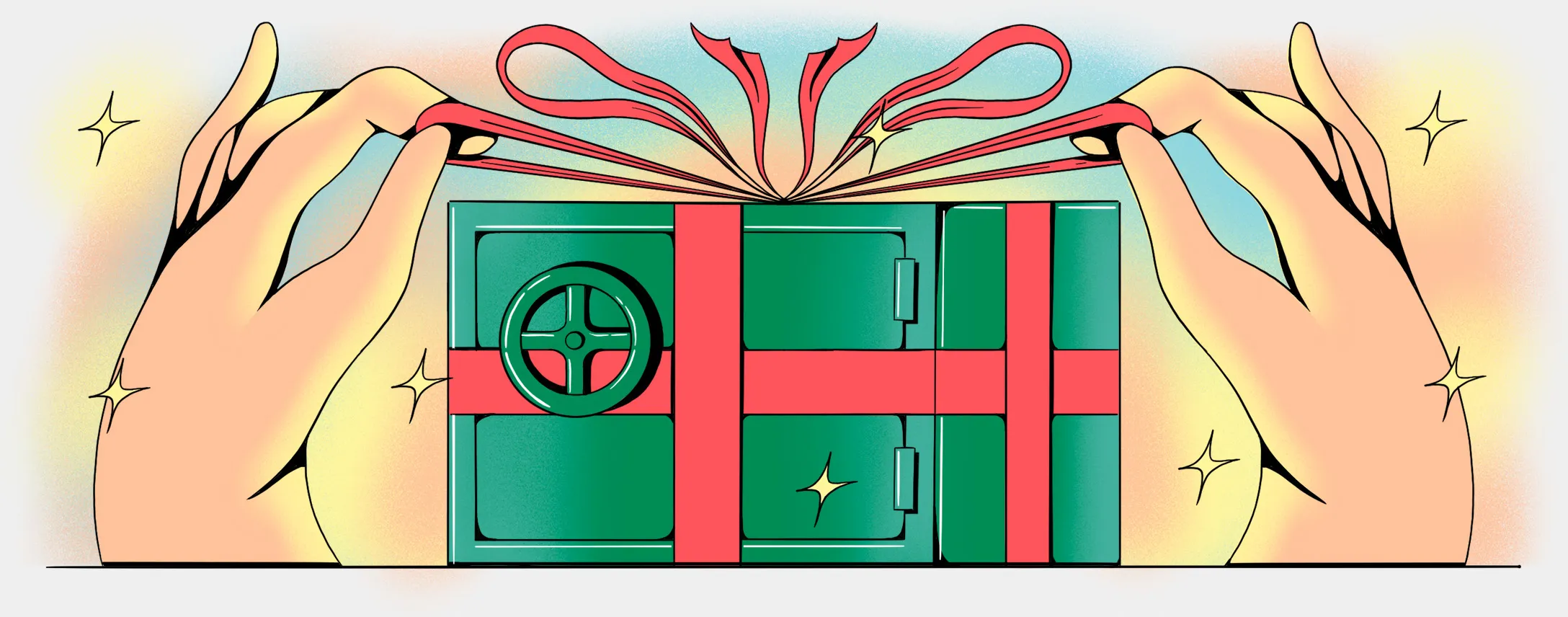 A safe wrapped in a red bow like a Christmas present.