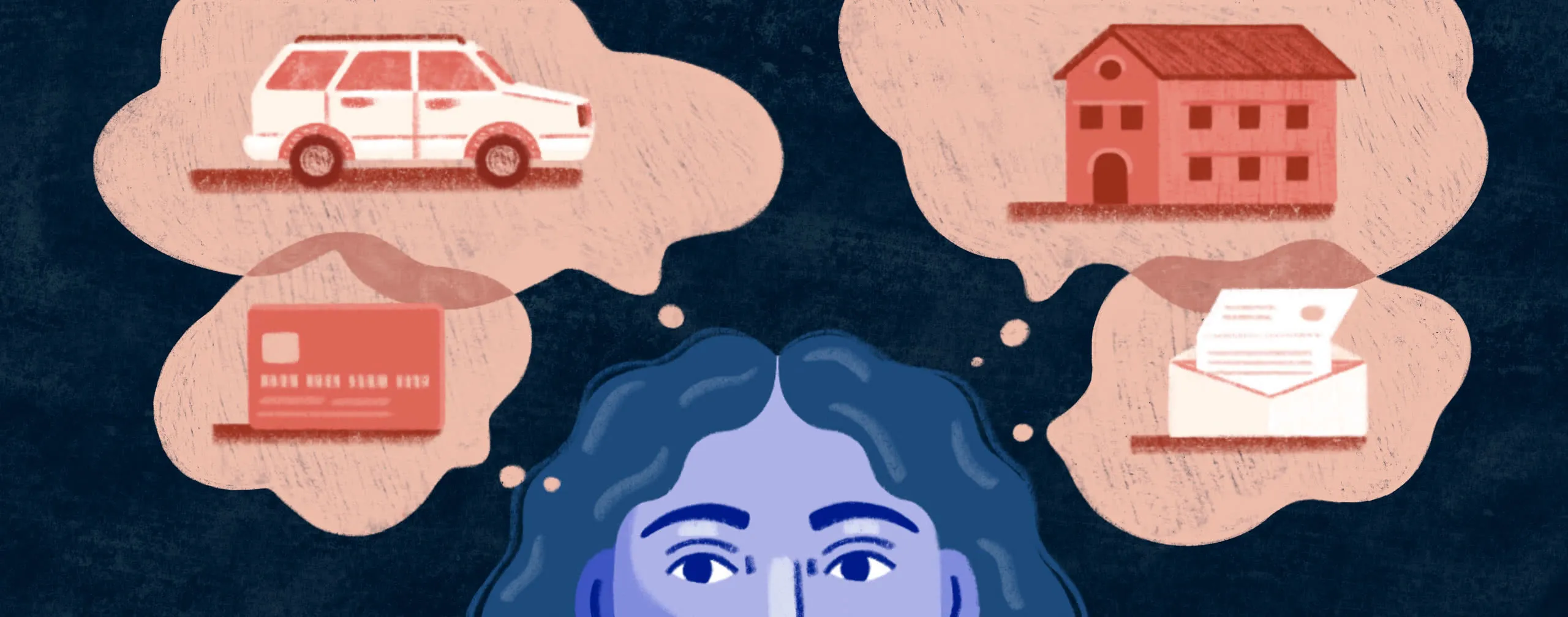 A woman with four thought bubbles featuring different types of debt.