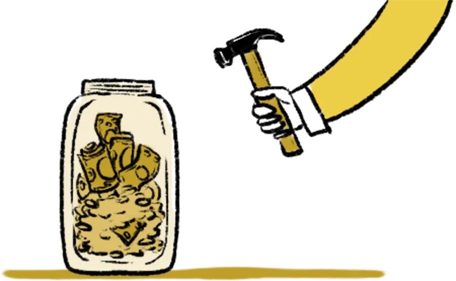 hammer about to hit jar of money