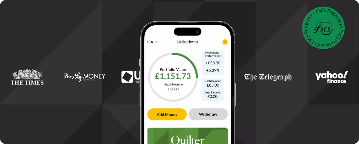 Smartphone screen showing Quilter Invest portfolio value of £1,151.73 with Add Money and Withdraw buttons, surrounded by logos of The Times, Money Monthly, United The, The Telegraph, Yahoo Finance, and an FSCS Protected badge.