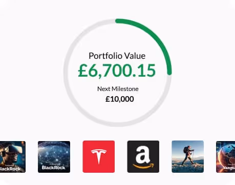 Circular progress bar showing portfolio value £6,700.15 with next milestone at £10,000, below icons of BlackRock, Tesla, Amazon, and Vanguard.