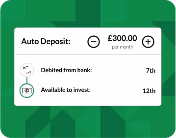 Auto deposit setting panel showing a monthly amount of £300.00 with buttons to increase or decrease, and dates for bank debit on the 7th and investment availability on the 12th.