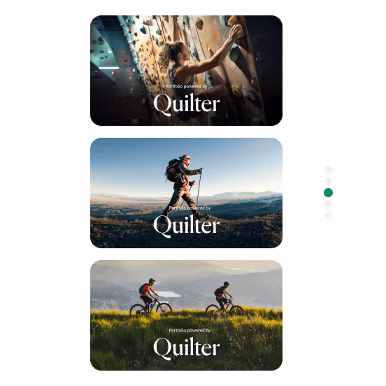 Three images stacked vertically showing a woman climbing an indoor rock wall, a man hiking with trekking poles in a mountainous landscape, and two people riding mountain bikes on a grassy trail, all labeled 'Portfolio powered by Quilter.'