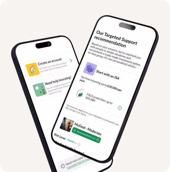 Two smartphones showing an investment app with account creation and targeted support recommendation screens.