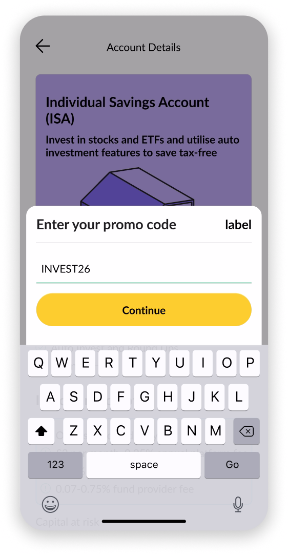 Quilter Invest app screen for entering promo code INVEST26
