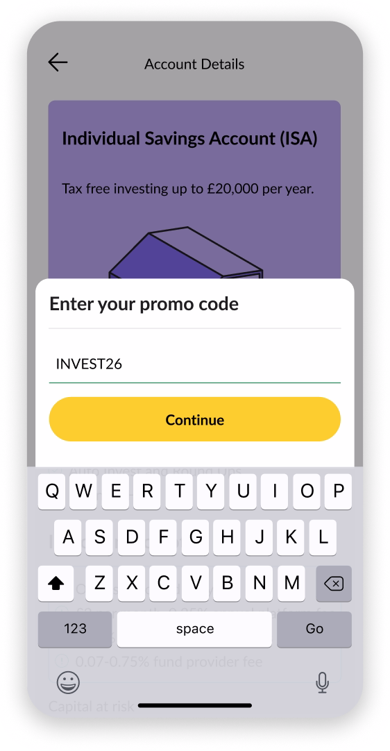 Quilter Invest app screen for entering promo code INVEST26