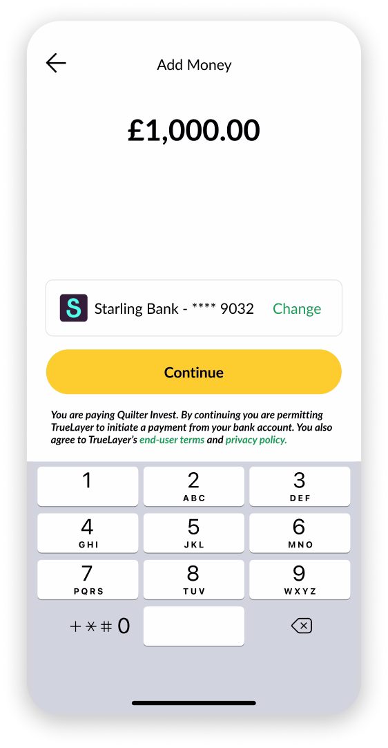 Quilter Invest app screen for funding an account