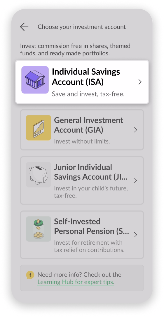 Quilter Invest app screen for opening a Stocks and Shares ISA