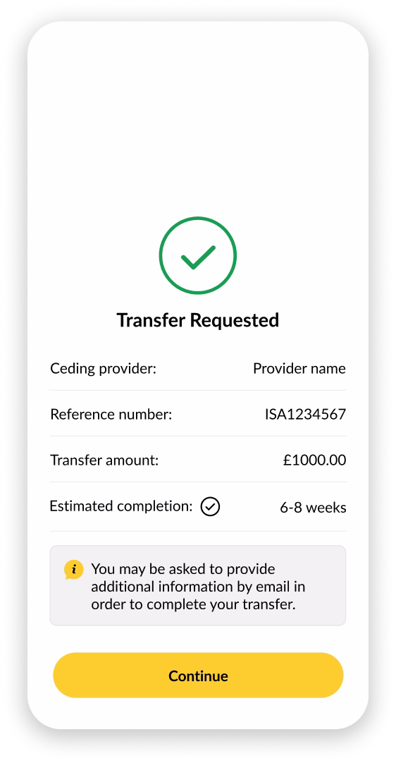 Quilter Invest app screen for transferring or funding a pension