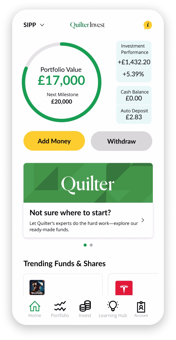 Quilter Invest app screen for starting pension investments