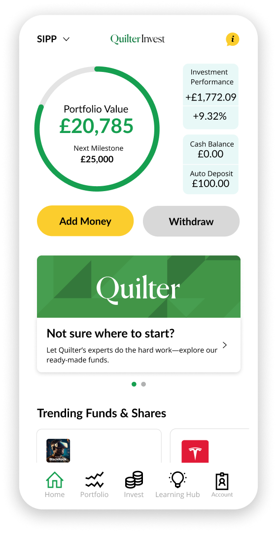 Quilter Invest app screen for starting pension investments