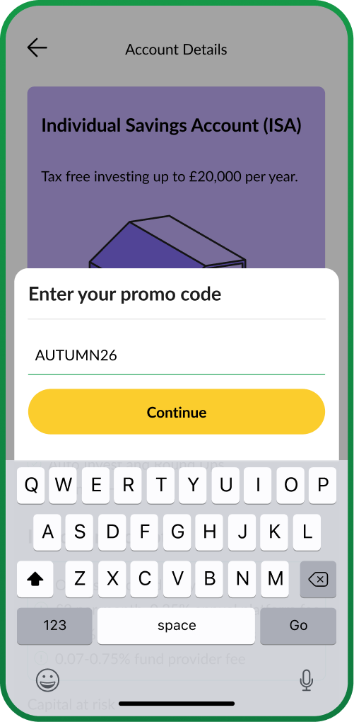 Quilter Invest app screen for opening a Stocks and Shares ISA