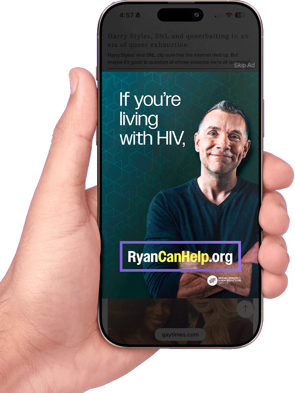 An animated digital ad for the Ryan White campaign mocked up on a photo of a cell phone.