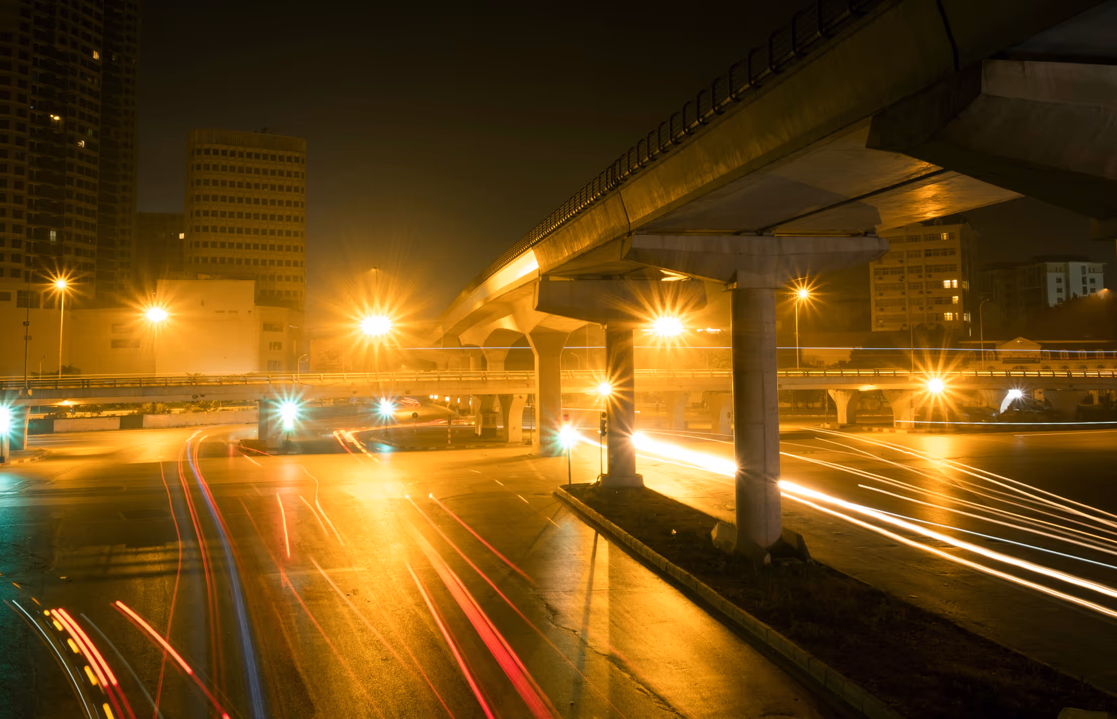 A cityscape at night.
