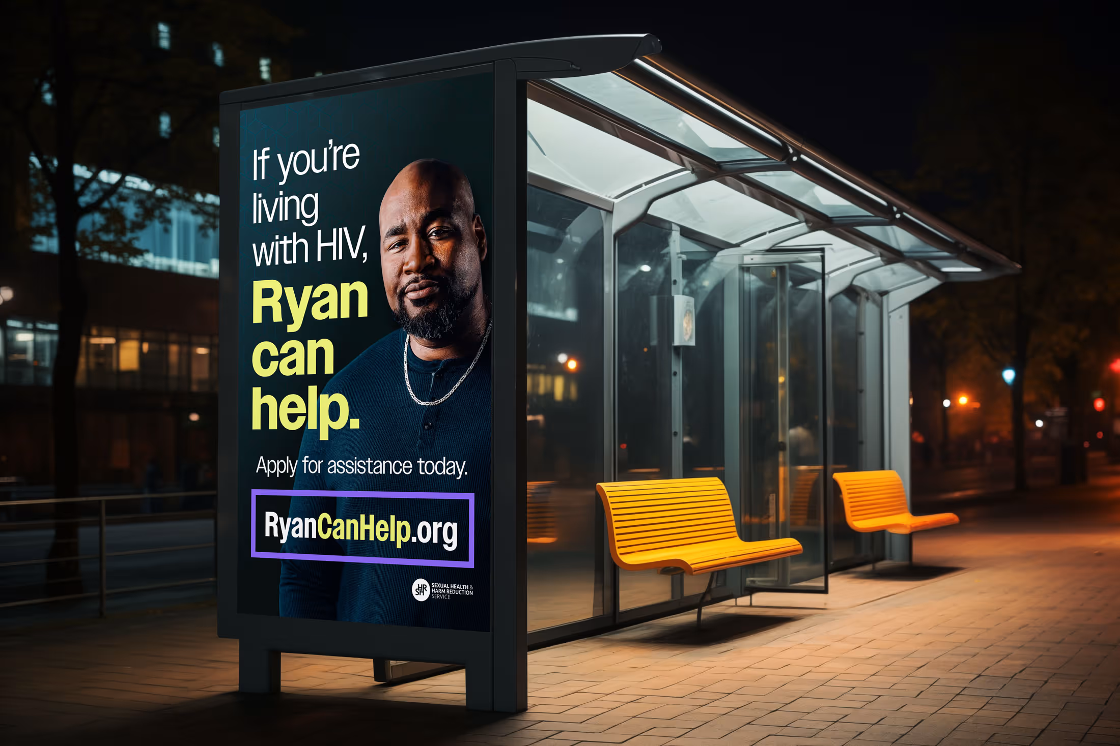 A mockup of the Ryan White Campaign bus bench design. The poster says, "If you're living with HIV, Ryan can help."