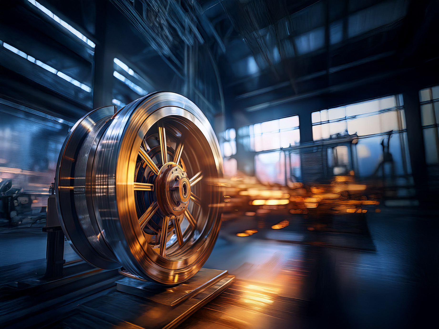 A cinematic shot of a large, industrial flywheel in motion, captured with dramatic lighting and a shallow depth of field to emphasize movement and force—symbolizing sustained business momentum.