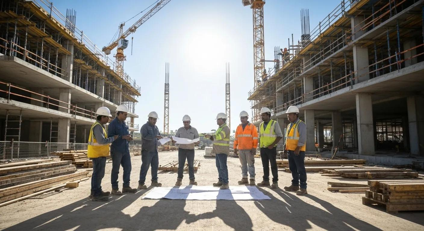 Construction site in Queensland with workers discussing building plans and materials