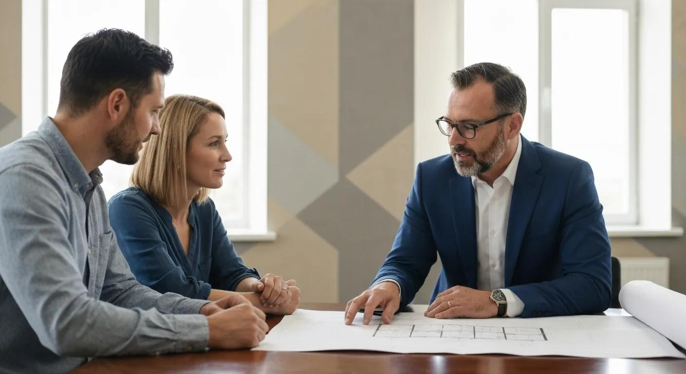 Couple consulting with a builder about home plans in a professional office setting