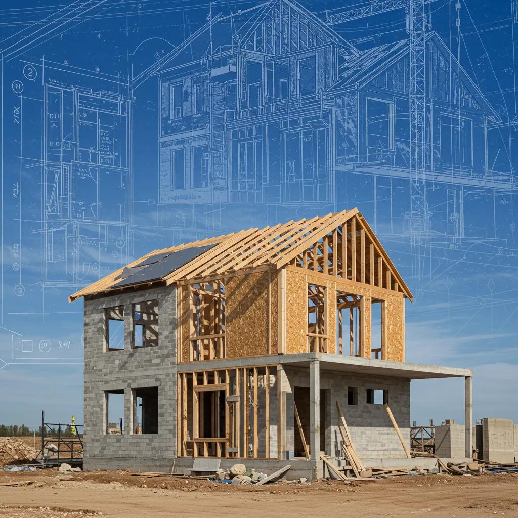 Blueprint and construction site showcasing smart design tips for cost reduction