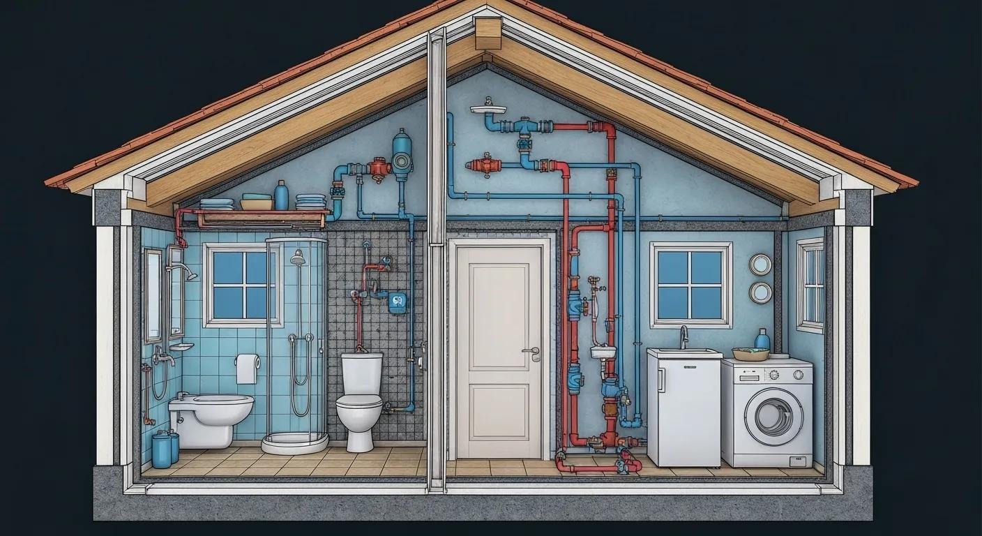 Cross-section of a tiny house illustrating key plumbing systems and components