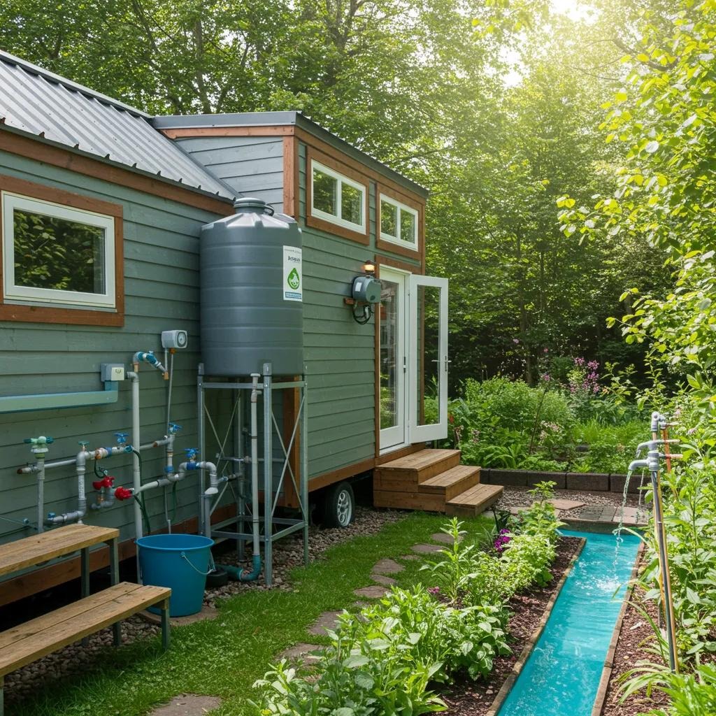 Tiny house with sustainable plumbing solutions like rainwater harvesting and greywater recycling