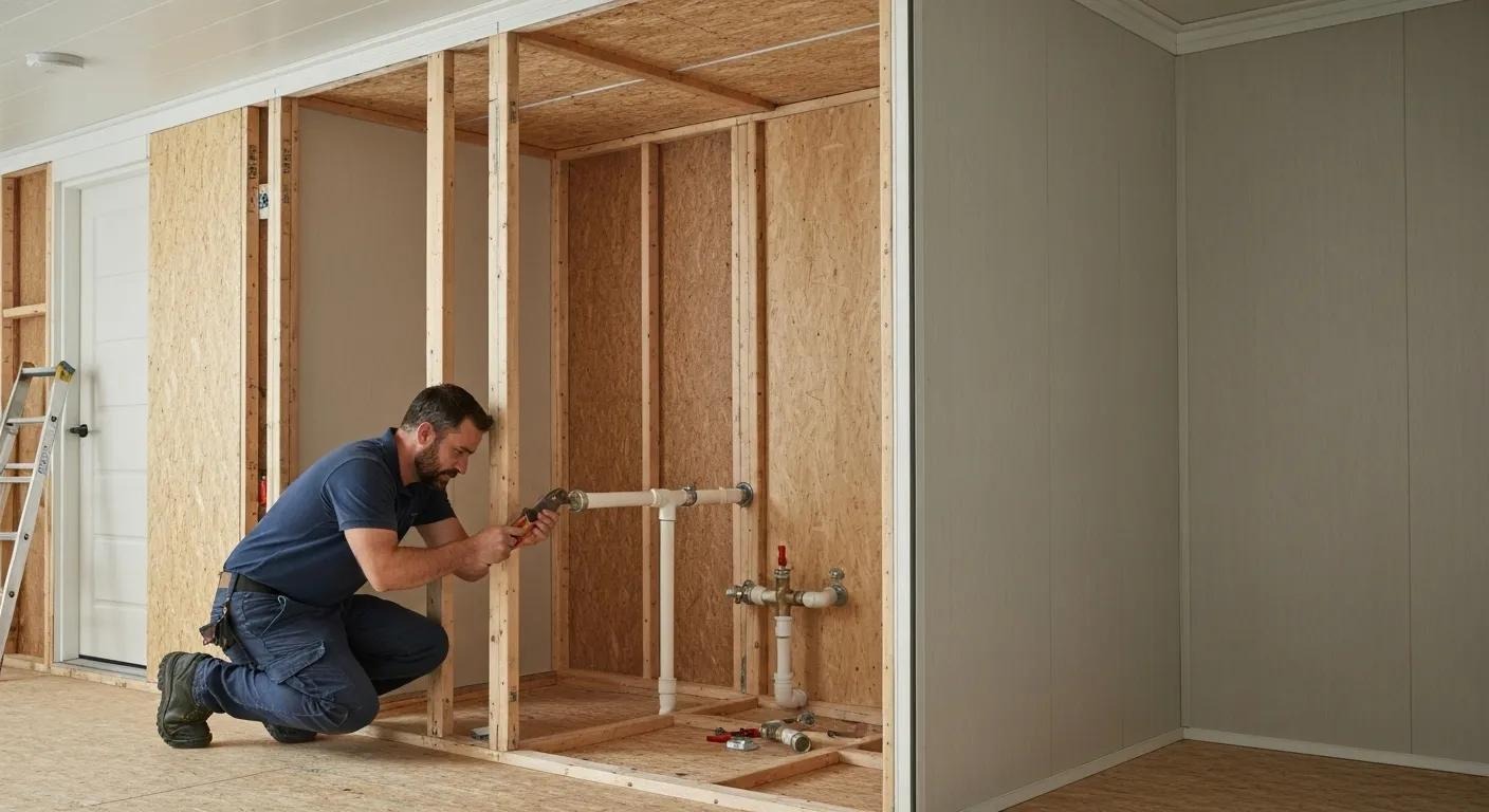 Plumber installing plumbing in a modular home, showcasing the installation process