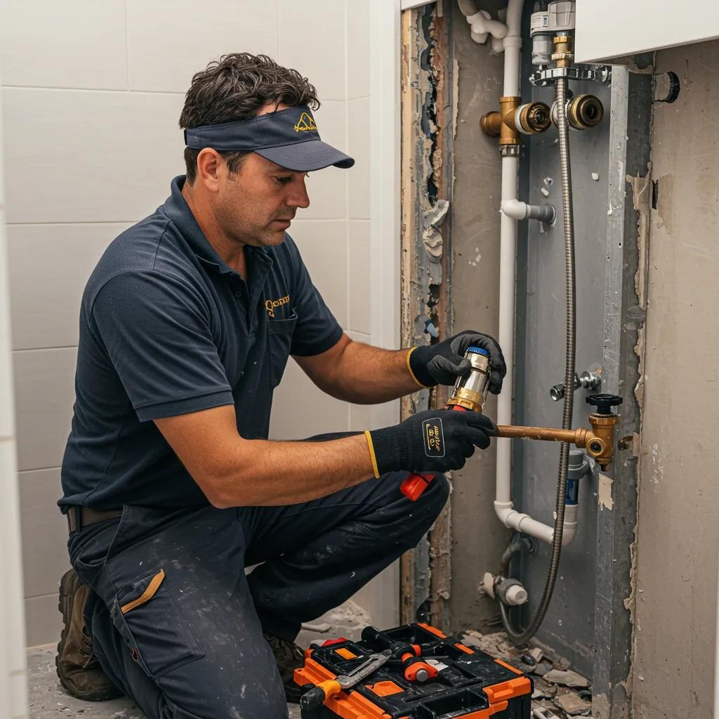 Professional plumber installing plumbing fixtures in a Brisbane bathroom renovation