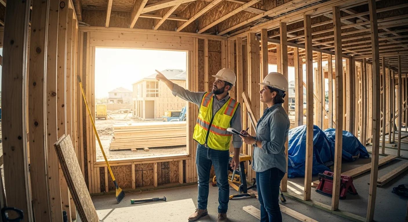 Homeowner consulting with a qualified home inspector at a construction site