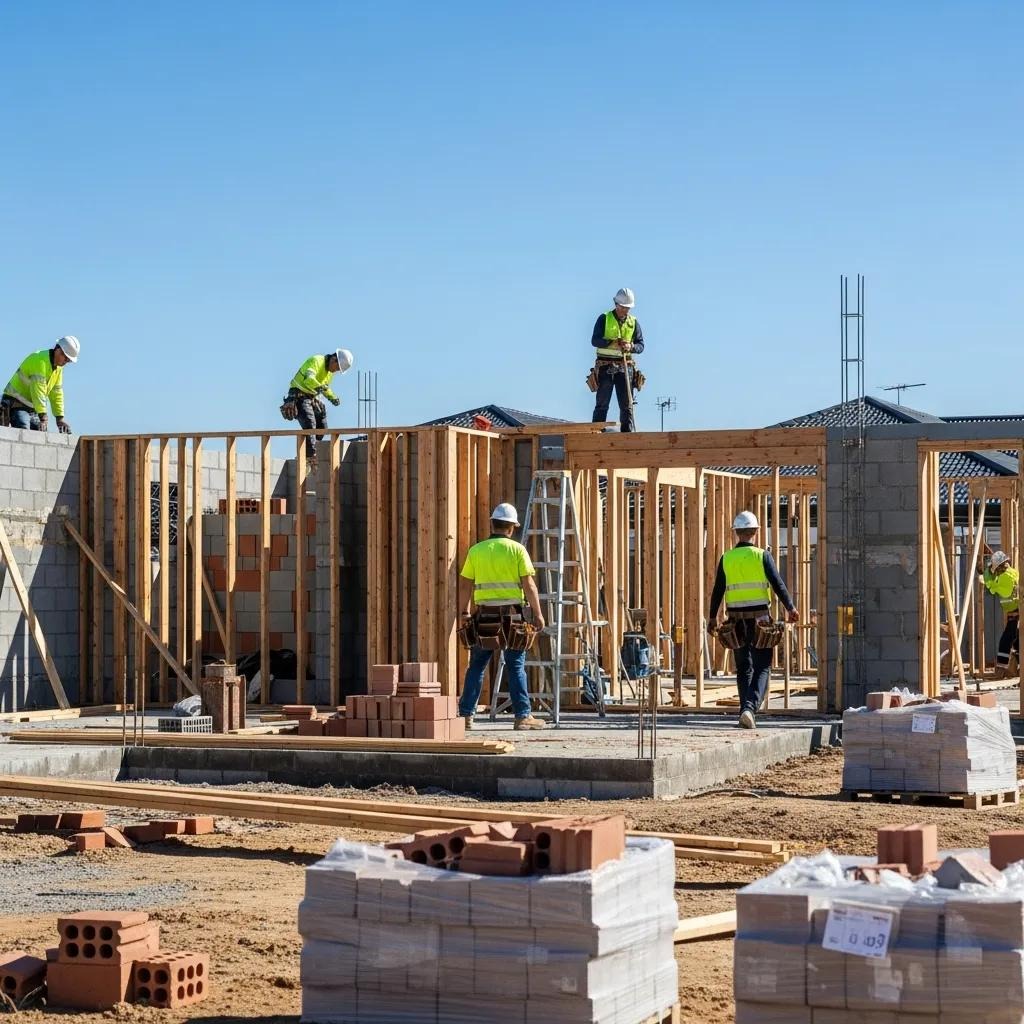 Construction site in Australia with workers building a new home, emphasizing the importance of construction documents