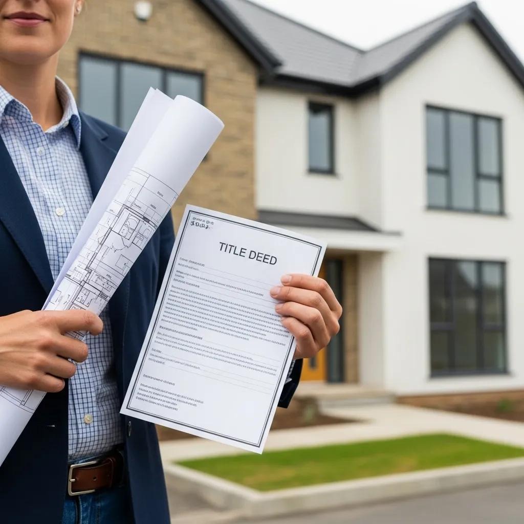Individual holding construction plans and title deed in front of a residential property, representing owner-builder permit requirements