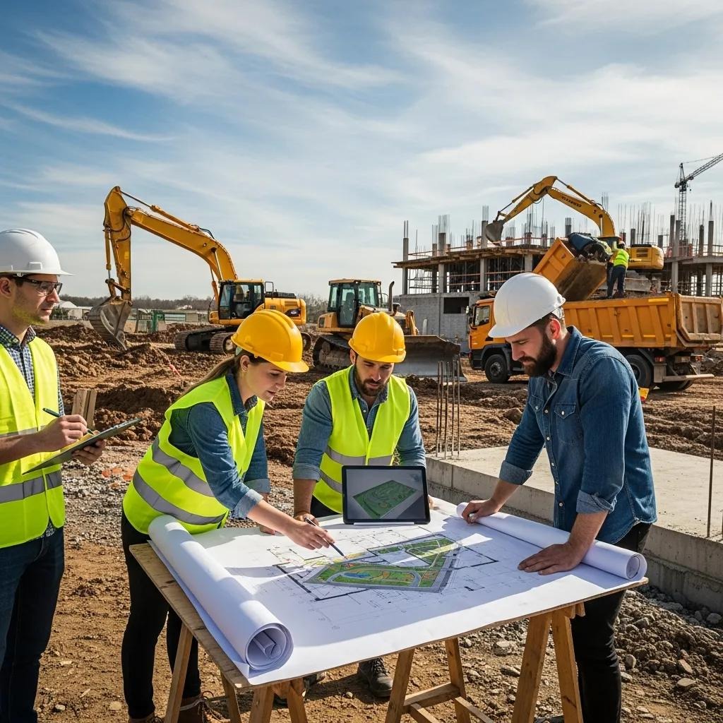 Civil engineering site development with professionals analyzing construction plans