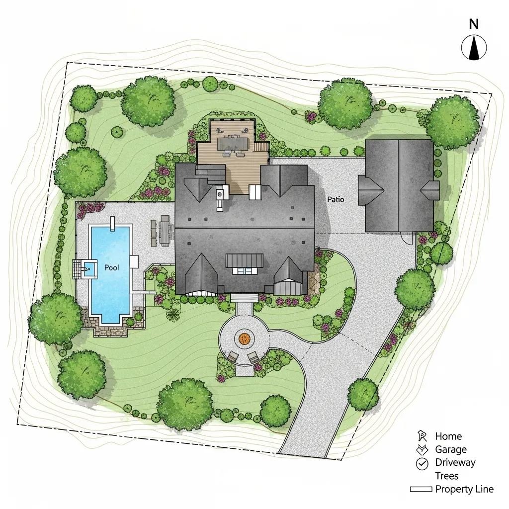 Detailed residential site plan showcasing building footprints and property layout