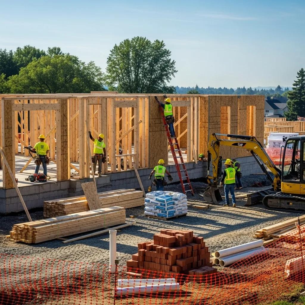 Construction site with workers and a partially built house, illustrating the home building process