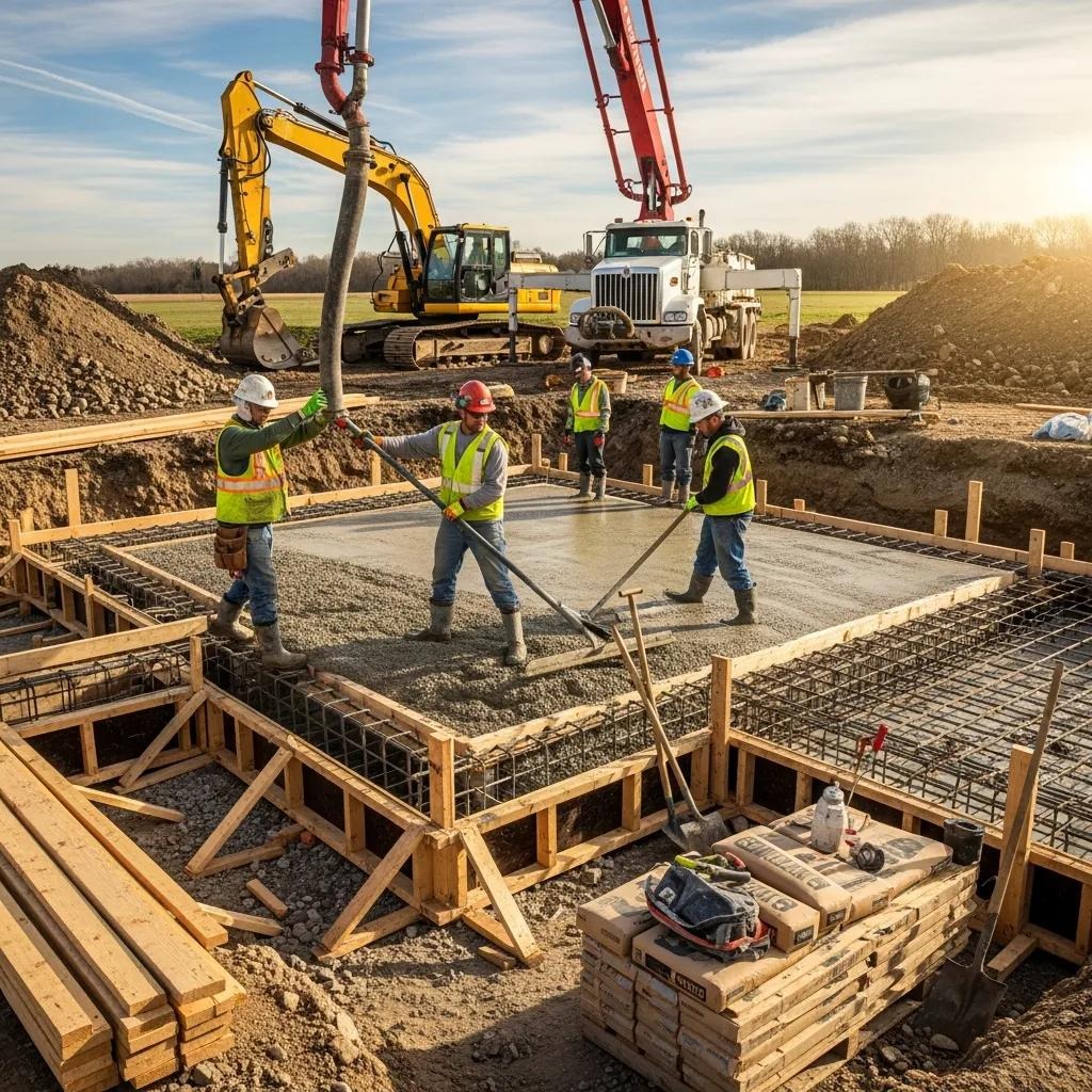 Workers pouring concrete for foundation construction, emphasizing the critical stage in home building