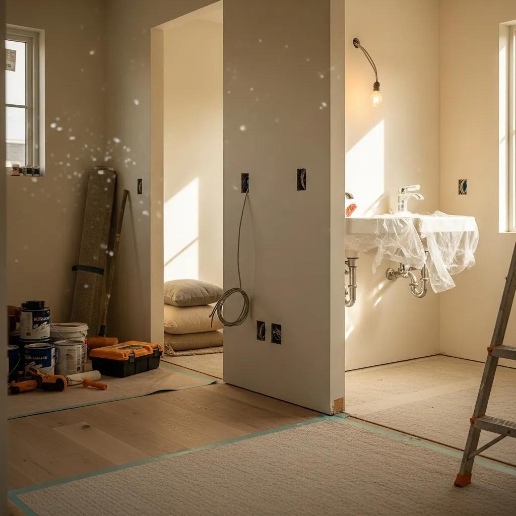 Interior space with finishing touches, highlighting electrical and plumbing installations in home construction