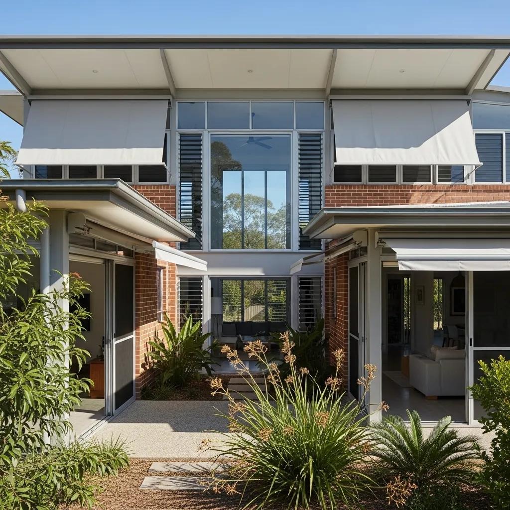 Passive solar design elements including thermal mass, shading devices, and natural ventilation in a Brisbane home