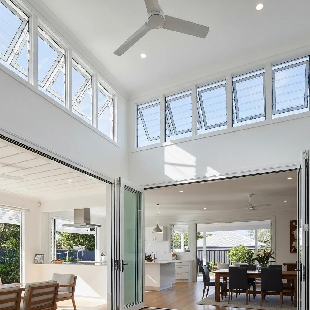 Bright and airy interior of a Brisbane home showcasing cross-ventilation features like open windows and high ceilings