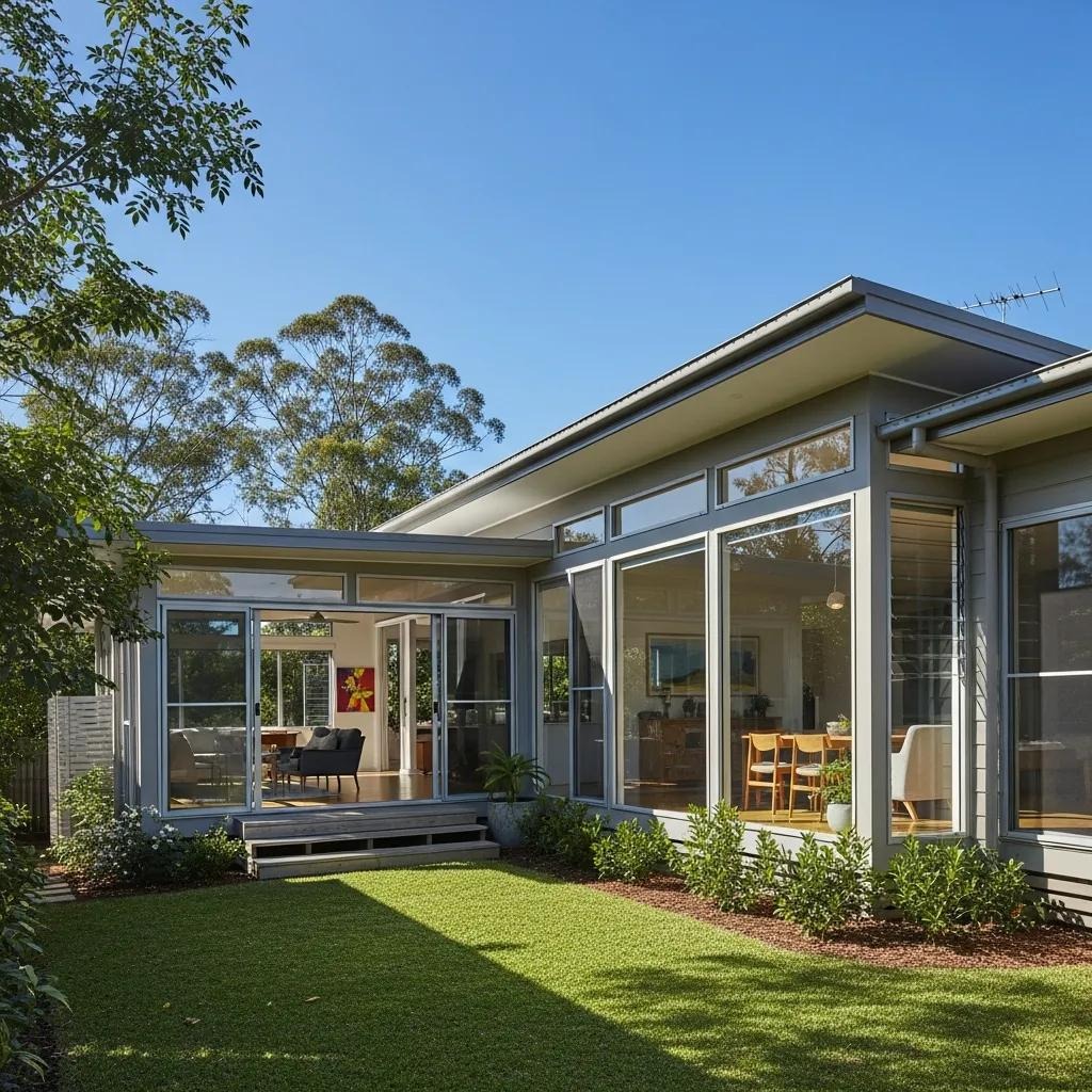 Modern north-facing home in Brisbane with large windows and lush greenery, emphasizing energy efficiency