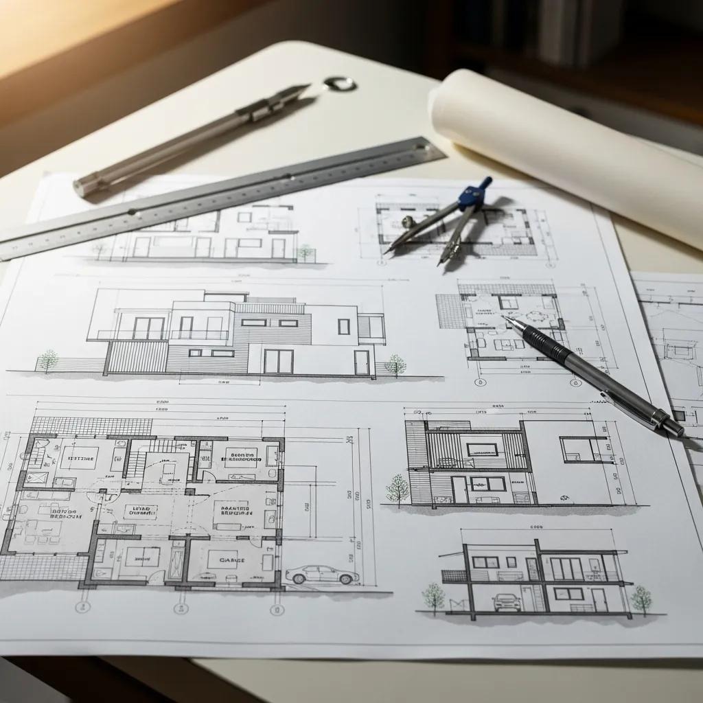 Architectural drawing of a modern home on a drafting table with tools
