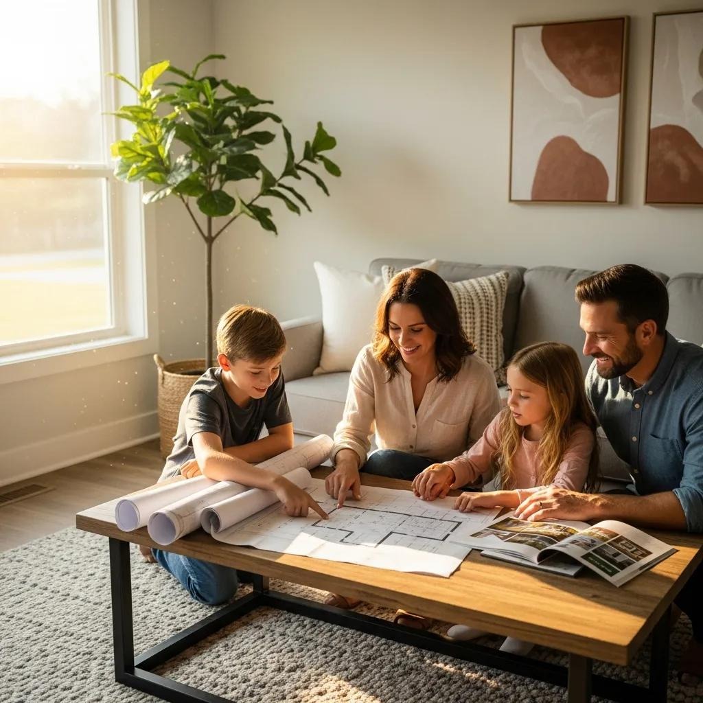 Family discussing home options with building plans and real estate brochures in a cozy living room