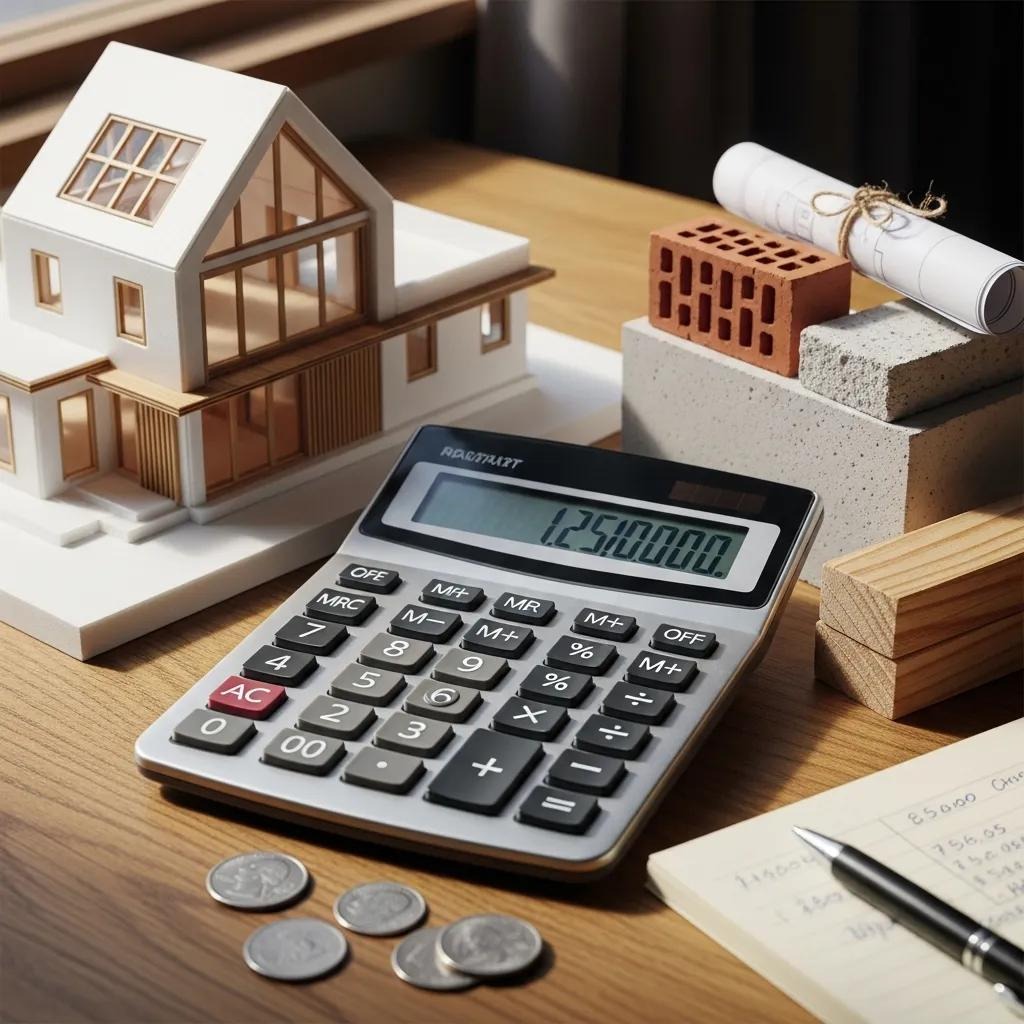 Calculator, building materials, and house model representing financial planning for home building and buying