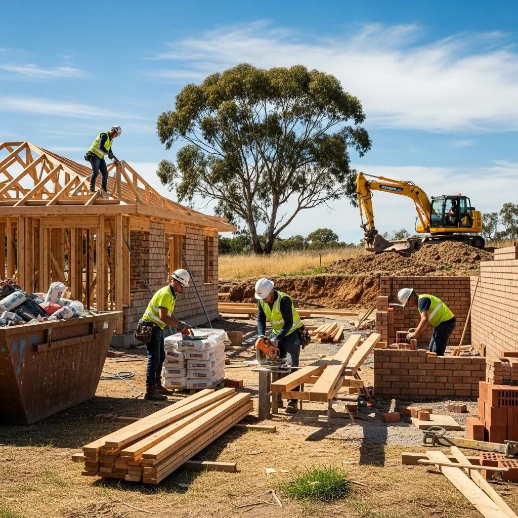 Construction site in Australia with a partially built house and workers, illustrating the home building process