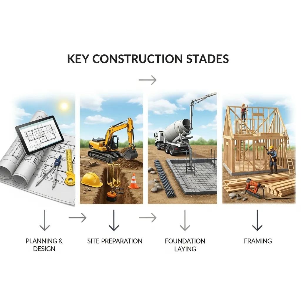 Visual representation of the stages of new home construction in Australia, including planning and framing