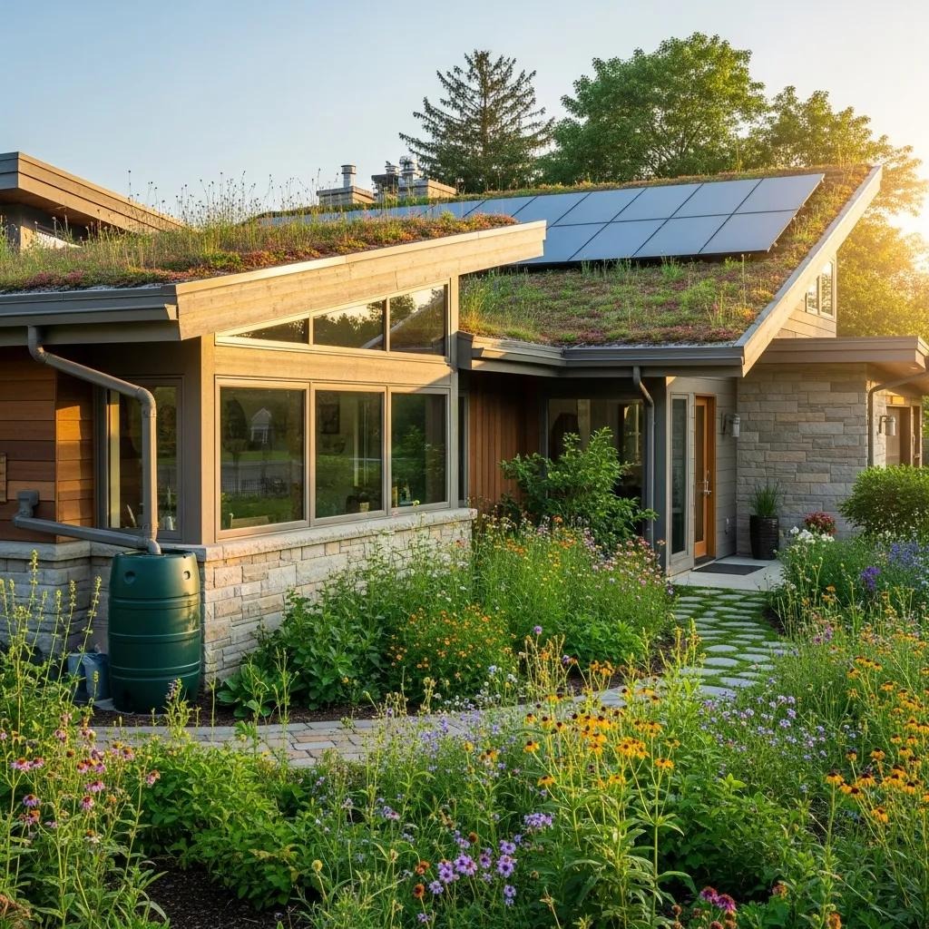 Eco-friendly home with solar panels and a green roof surrounded by a vibrant garden