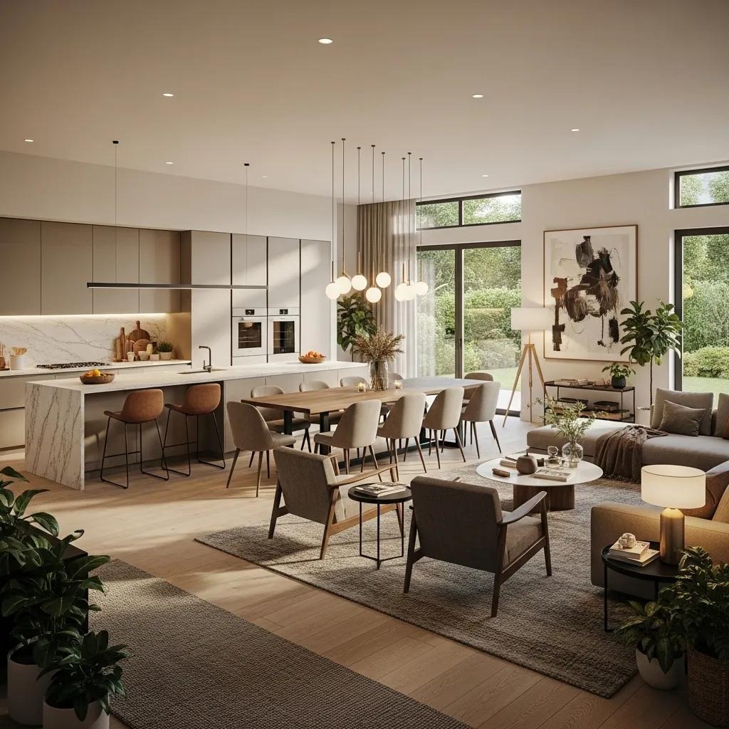 Open floor plan living area connecting kitchen, dining, and living spaces with modern decor